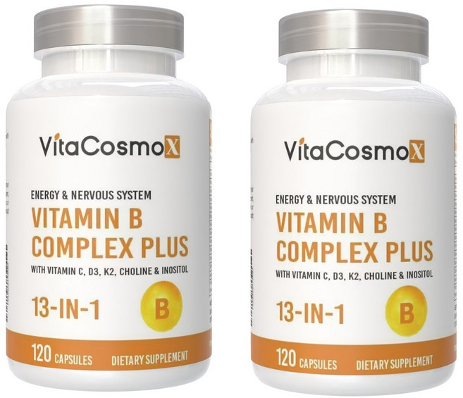 VitaCosmoX 비타코스모엑스 비타민B 컴플렉스 13종복합기능성 비오틴 엽산 이노시톨 비타민C D3 K2 고함량 에너지 대사 신경 건강 야채캡슐 미국직배송, 2개, 120정