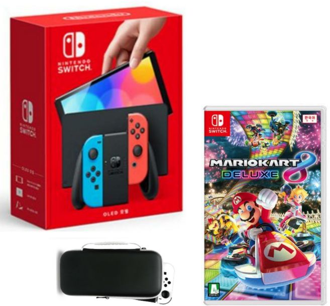 닌텐도 스위치 OLED 네온블루+마리오 카트8 디럭스+휴대용 파우치, 1개, 네온블루, HEG001