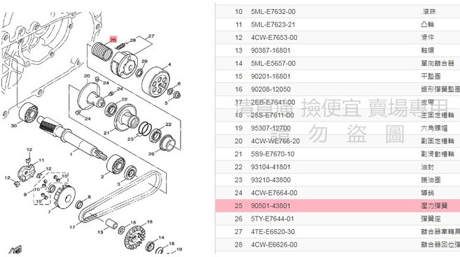 YAMAHA 山葉 90501-43801 壓力彈簧 勁戰 新勁戰 BWS R GTR RAY 傳動彈簧, 1個