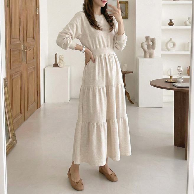 데일리앤 데이린 캉캉 맨투맨 꾸안꾸 캐주얼 봄 가을 허리밴딩 긴팔 롱원피스 맘룩 홈웨어