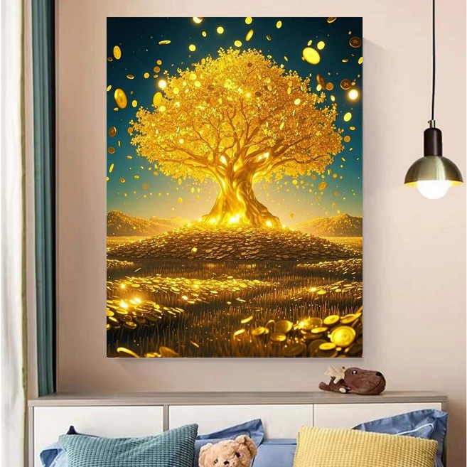 금화 금전수 유화그리기 부귀재물 돈나무 그림그리기 황금나무 돈들어오는 풍수지리 명화그리기 DIY키트, 돈나무 1번, 40x50CM, 1개