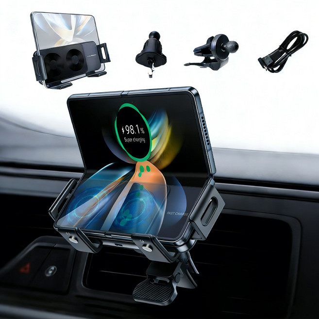 ZOZOFO 듀얼코일 FOLD 블폰 무선충전 자동회전 차량용 핸드폰거치대 고속 무선충전 폴드3/4/5/6호환, S20A, 블랙