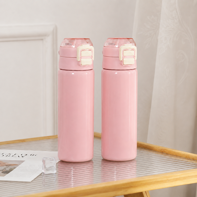 스텐 원터치 빨대 텀블러 500ml 보온보냉 휴대용 물병, 2개, 핑크