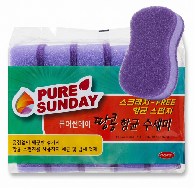 퓨어선데이 스크래치 프리 땅콩 항균 스펀지 수세미, 1개, 5개입