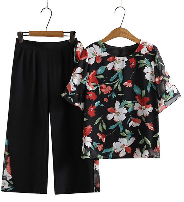 여성 여름용 플로럴 세트 엄마룩 반팔 상의 밴딩 7부 팬츠 세트 HH0626