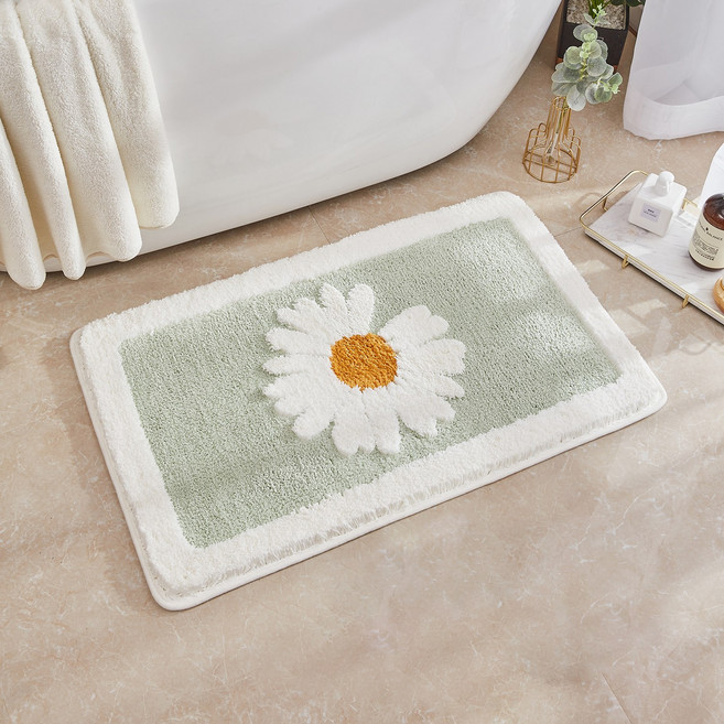 데이지 플러시 욕실 발매트 러그 45x65cm 극세사 고흡수 미끄럼방지 빨아쓰는 화장실 매트, 그린, 1개