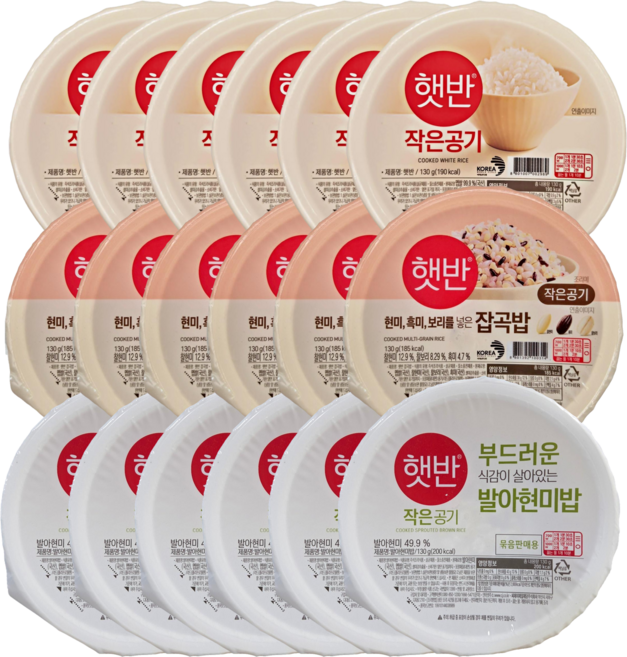 CJ 건강 햇반 작은공기 3종 혼합 ( 백미 + 잡곡 + 발아현미 ) 즉석밥 캠핑 음식, 130g, 18개
