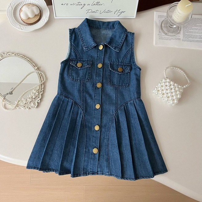 구빠방 아동 데님 민소매 플리츠 캐주얼 원피스
