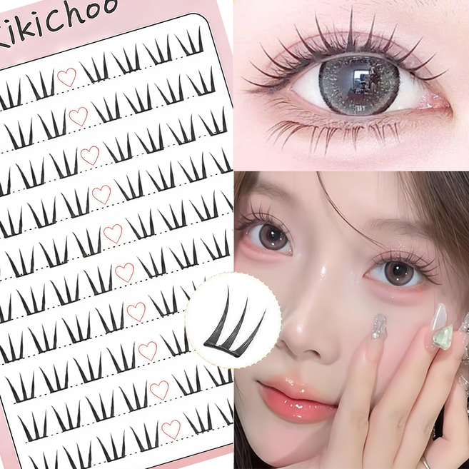 KIKICHOO 초경량 노글루 인조 속눈썹 9-12mm 풀없이 붙이는 노글루 속눈썹 원터치 속눈썹 대용량 부분 속눈썹 세트 60모, 블랙