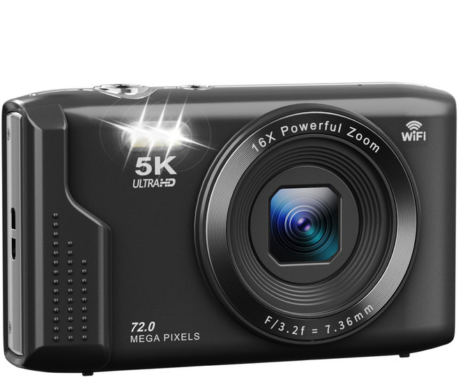 RUNHome 7200W 고급 디지털 카메라 WIFI 디카 5K 캠코더 여행용 인생+64GB 메모리, 블랙