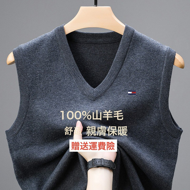 【奧特萊斯撤櫃】100%純羊毛衣男士V領針織背心加厚百搭無袖馬甲