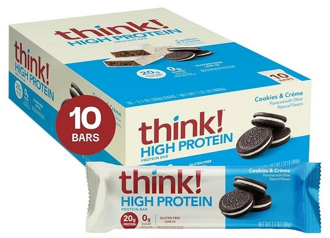 Think! 단백질 바 고단백질 스낵 글루텐 프리 코셔 친화적 쿠키 및 크림 영양 바 당 59.5g(2.1온스) 10개입 (포장은 다를 수 있음)128957, 1, 60g - 쿠팡