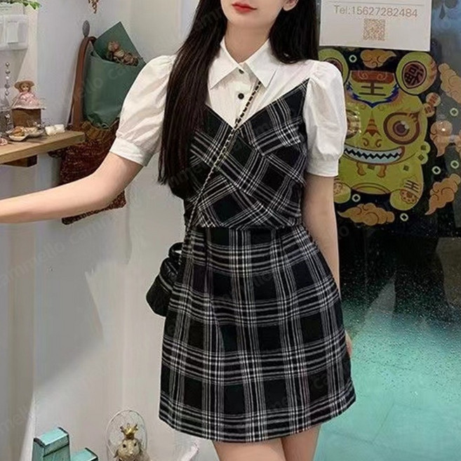 cammello 프레피 반팔 셔츠 일체형 체크무늬 미니원피스 슬림핏 하이틴 미니 드레스