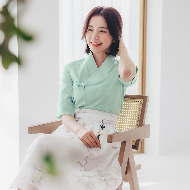 수설화 퓨전 개량 한복 하루 민트 블라우스 데일리 저고리 생활 한복