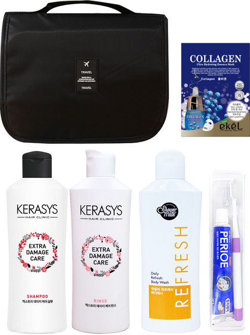 올인원 여행용 6종 세면도구세트 (케라시스 샴푸+린스+바디워시+치약 칫솔+마스크팩+파우치)