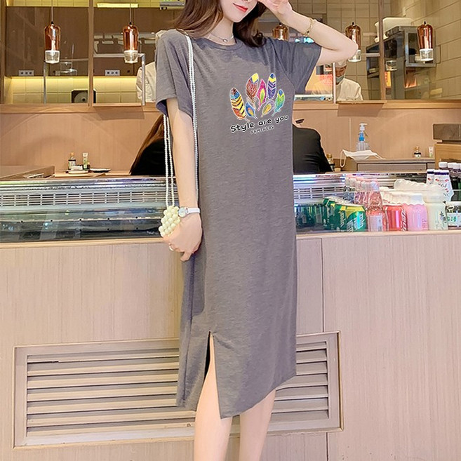 스타일아유 컬러풀 찰랑 롱티셔츠 캐쥬얼 홈웨어 라운드 반팔원피스[OP920A]