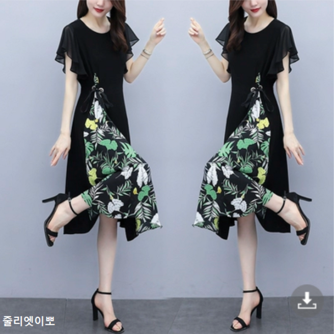 줄리엣이뽀 (당일발송) L~5XL 프릴소매 옆라인 그린컬러 쉬폰 독특한 트임 롱 원피스 KJK-3580