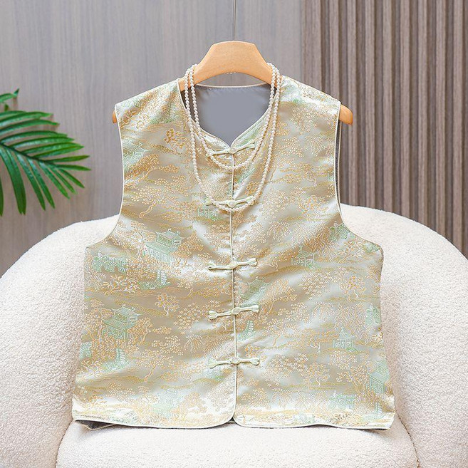 新品 緞面國風新中式馬甲復古印花女新款立領時尚盤扣坎肩背心時髦上衣 副廠商品
