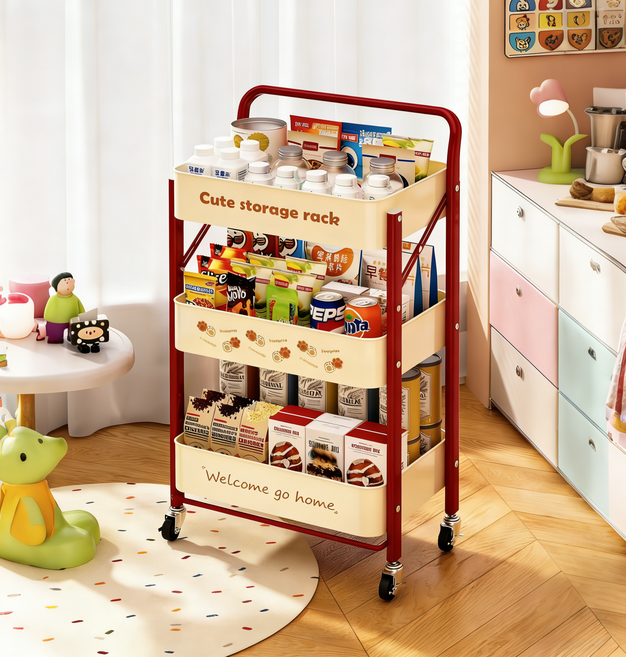 간편 접이식 대용량 수납 카트 이동식 디자인 주방 욕실 다용도 랙, 3단, White + Red