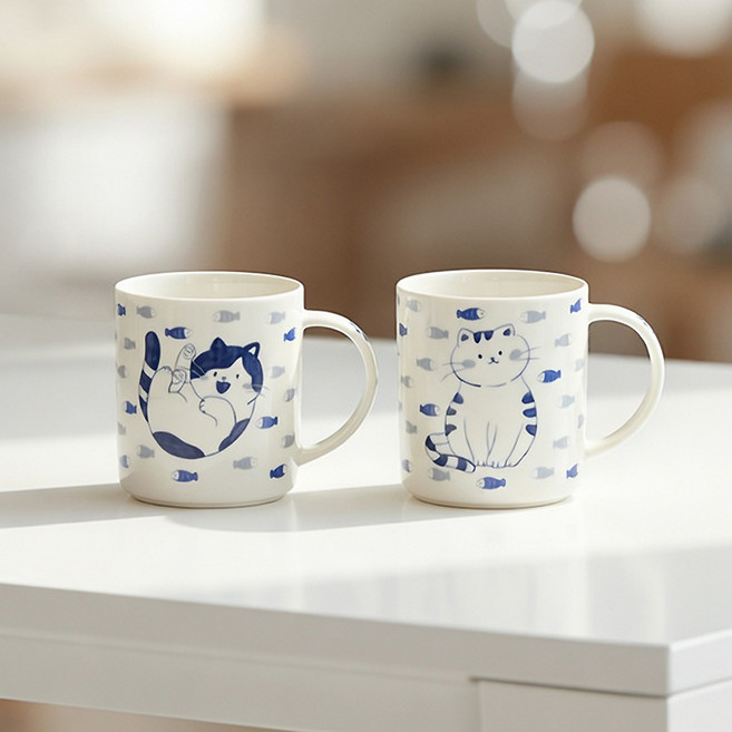 블루 네코 고양이 머그컵 머그잔 찻잔 커피머그, 2개, 블루화이트