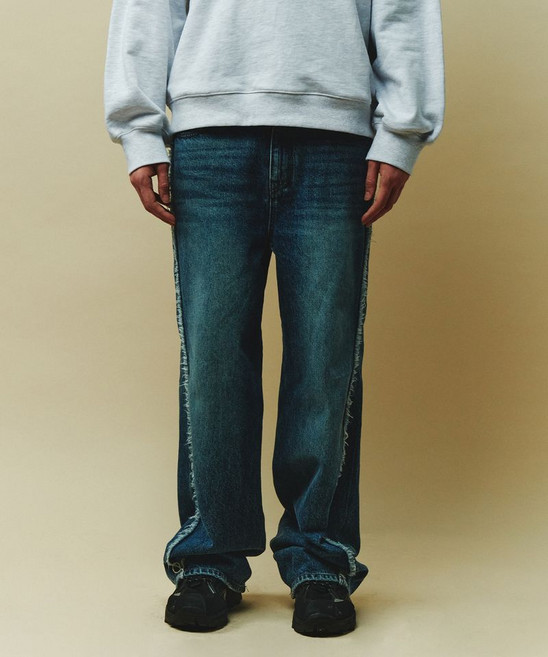 플랙 진 PLAC 슬라이드 슬리퍼 컷팅 와이드 데님 팬츠 M67 딥블루 106261