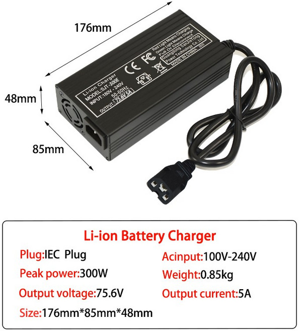 18S 66.6V /리포 배터리/리튬 이온 배터리용 75.6V 5A 리튬 배터리 충전기 플매트 카펫 매트 러그가 내장된 냉각 팬 내장, 04 75.6V 5A IEC, 02 US Plug, 01 빠른