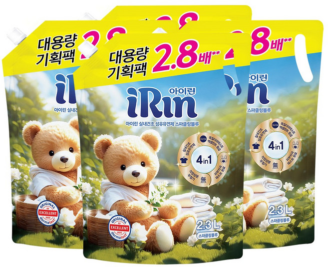 아이린 실내건조 섬유유연제 스파클링블루 리필, 4개, 2.3L