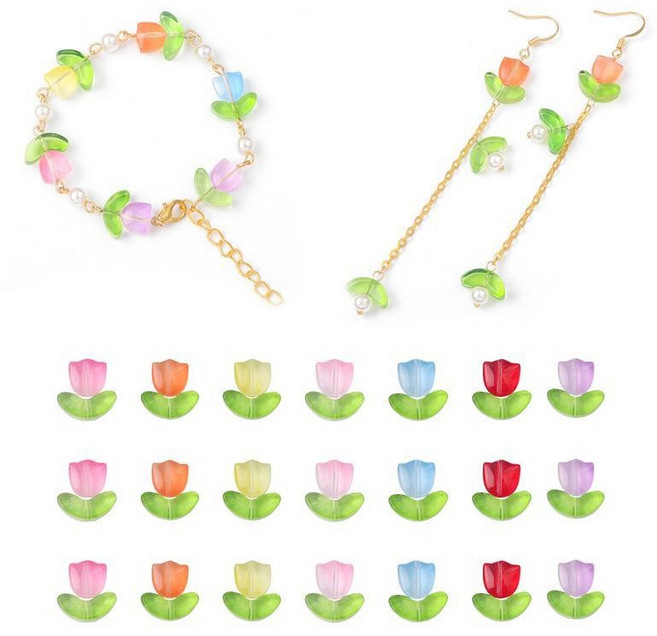 리리아트 글라스 투명 튤립비즈 7색 잎사귀 포함 40개