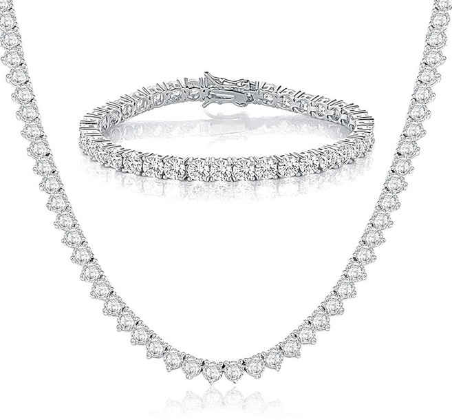 테니스 목걸이 팔찌 보석 세트 18K 화이트 골드 도금 4mm 원형 큐빅 지르코니아 및 세트(18인치 7.5인치)