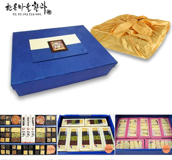 한옥마을한과 특대 3단 선물세트 / 유과 강정 약과 정과 간식 과자 보자기포장, 1개, 3.9kg