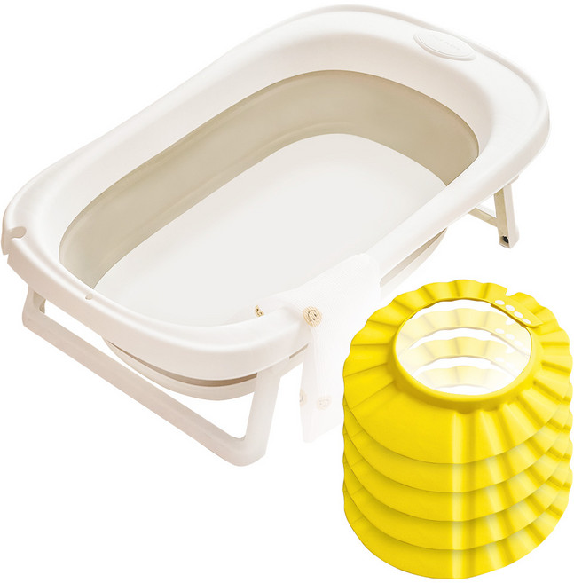 리틀클라우드 아기 목욕 용품 2종 세트, 접이식욕조+옐로우 샴푸캡5P