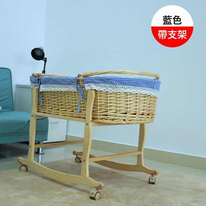 藤編嬰兒搖籃牀車載安撫睡籃寶寶牀新生兒便攜手提籃實木搖籃搖窩, 90cm+藍格子內襯+支架