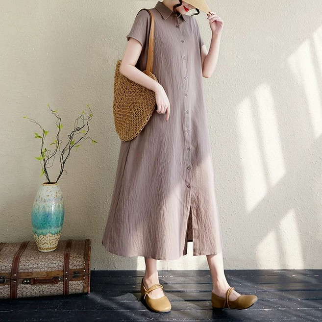 여름 여성 캐주얼 면마 반팔 원피스 루즈핏 카라넥 날씬해 보이는 원피스 롱 셔츠 스커트 SYW