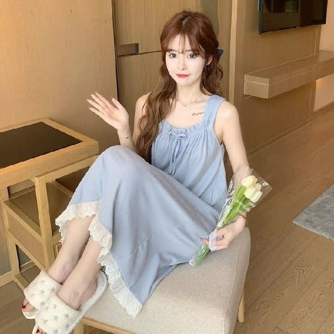 中長款睡裙 吊帶長裙 蕾絲睡衣 女夏薄款 甜美寬鬆家居服 吊帶長裙, 【#特優NG】V-7-0-2#灰藍,2XL 建議（135-155斤）, 灰藍