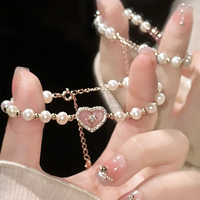 besteffie 여성 진주 팔찌 하트 펜던트 귀여운 스타일 액세서리 진주 도금 볼 팔찌 K85