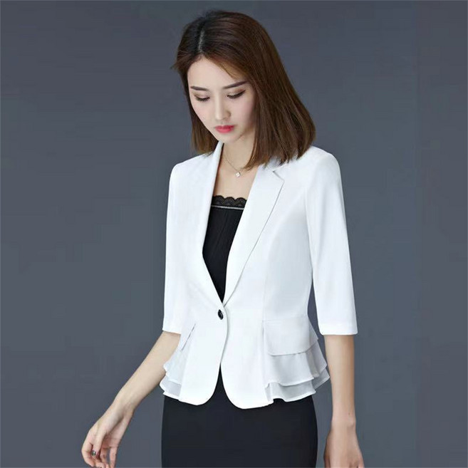 besteffie 여성 여름 블레이저 자켓 슬림핏 브이넥 밑단 프릴 짧은 자켓 출근룩 여성스러운 블레이저 K83