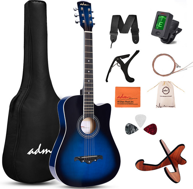 ADM 포크 기타 38인치 글로시 컷어웨이 스타터 세트 입문자용, 블루, 1개