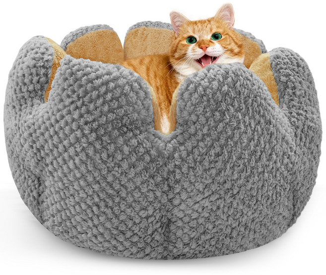 [Spring Blossoms] 선인장 모양 반폐쇄형 고양이 침대 - 탈착식 매트 포함 고양이가 안심하고 편안히 자는 따뜻한 플러시 펫베드, 1개, 회색