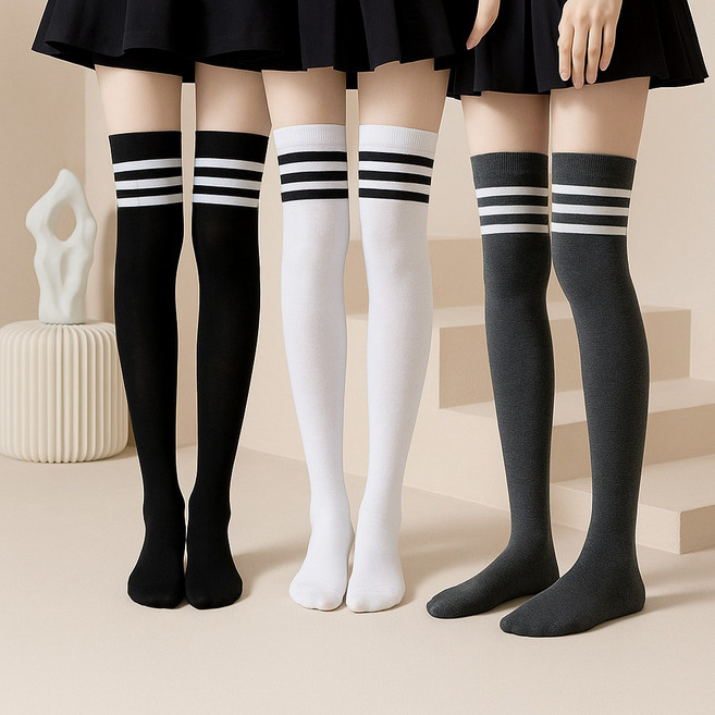 위더스욕실용품 여성용 스트라이프 사계절 골프양말 여성 오버 니삭스 3p 세트 S11