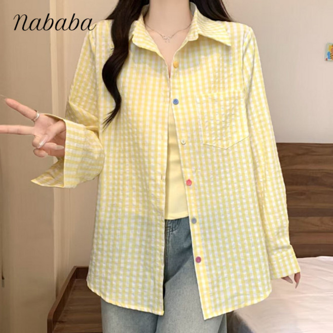 나바바 NB2736 여성 얇은 시원한 시어서커 체크 긴팔 셔츠
