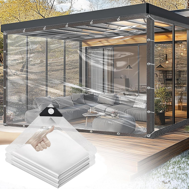 투명 방수포 방수천 열 밀봉 가장자리 방풍비닐 방수천막 두꺼운 방풍비닐 테라스 베란다 옥상 마당 차량 캠핑 이사 천막 바닥 보호 커버, 1개