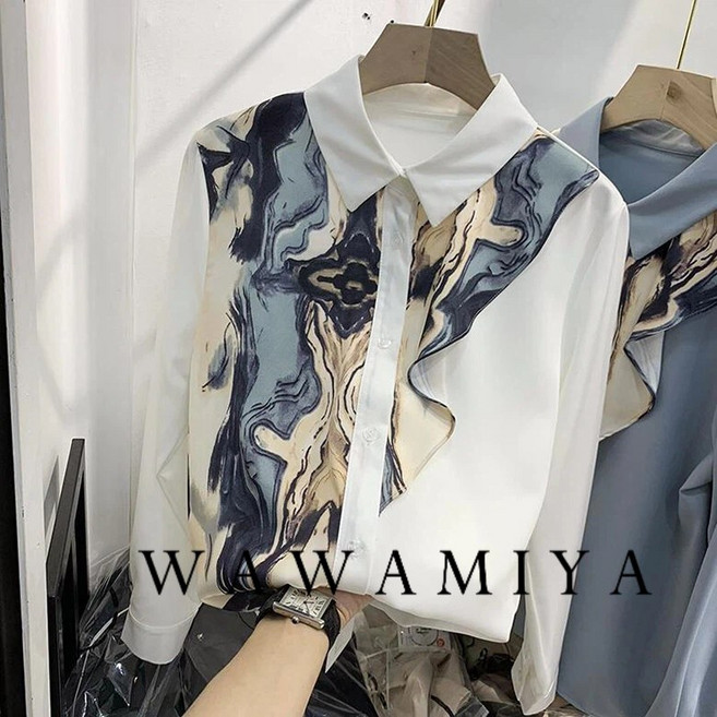 봄 가을 프린트 긴팔 쉬폰 블라우스 얇은 상의 정장셔츠 여성블라우스 긴팔블라우스 상의 WAWAMIYA