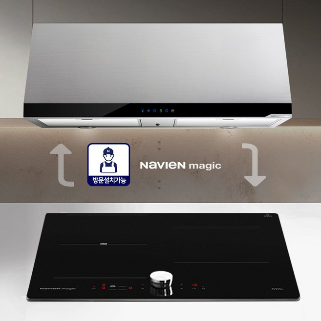 [프리미엄SET/후드쿡탑연동시스템] 나비엔매직 박스형 터치식 BLCD모터 주방후드+마그네틱다이얼 에너지효율1등급 인덕션3구 (정상가109만원), 빌트인, RGB150-09TBAC,ERI-5023