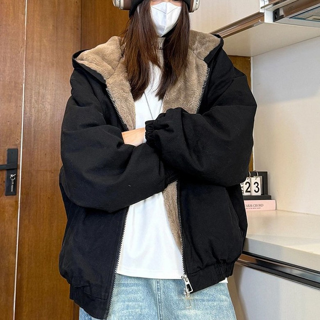 QEWBG 여성 겨울 도톰한 후드 패딩 자켓 퍼 안감 따뜻한 아우터