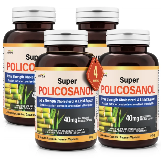 폴리코사놀 40mg 120식물성캡슐 9가지 지방족 알코올 99.23% 옥타코사놀 62.56% 함유 고함량 슈퍼 Policosanol 허바 캐나다, 4개, 120정 - 쿠팡