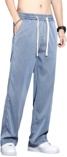 빅사이즈 남자와이드청바지 텐셀 워싱 여름 데님팬츠 밴딩 세미 블루