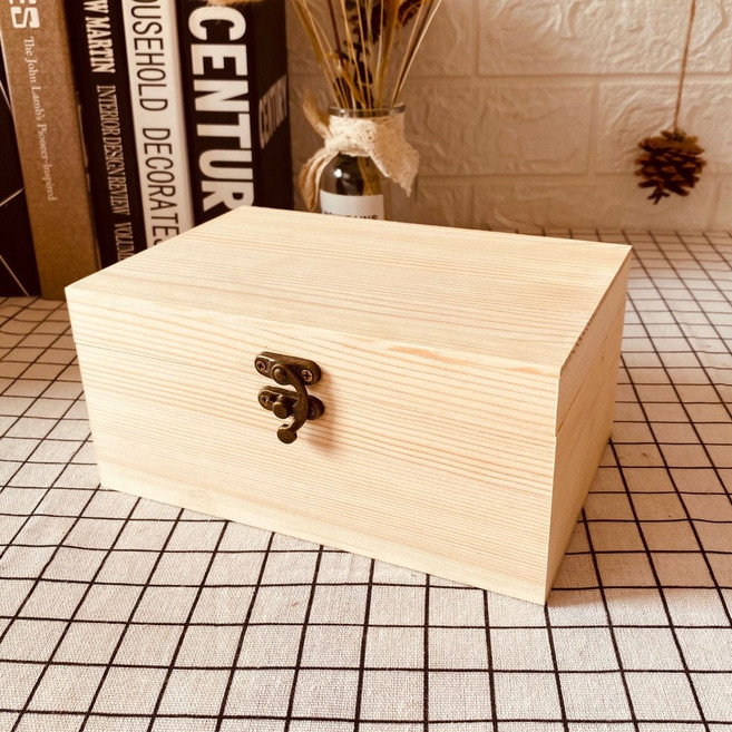 復古長方形木質桌面收納盒 帶鎖實木盒子 包裝禮物品盒 大號, 原木色牛角扣,22.5*18*14.5