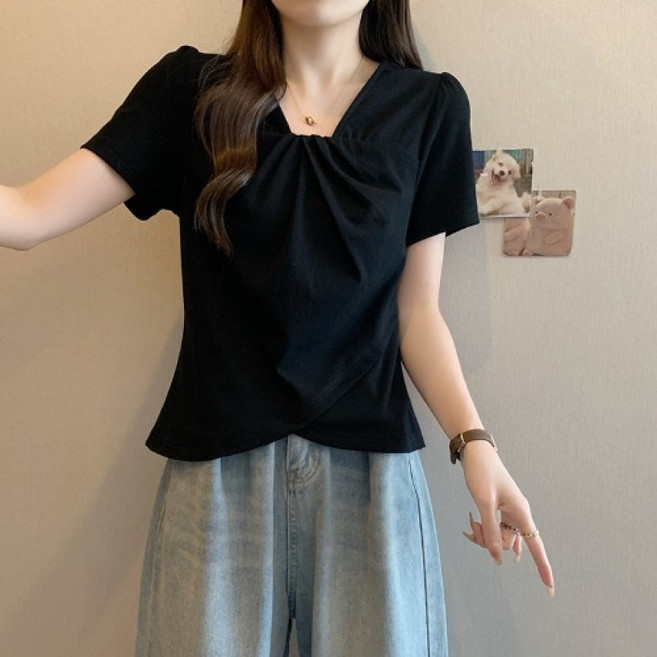 해피유통여성 반팔 V네크라인 주름 블라우스 우아한 패션 디자인k01