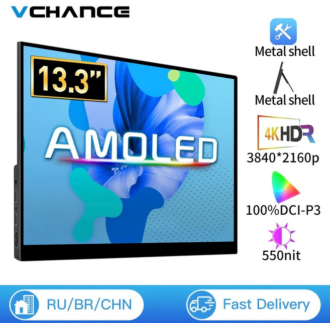 노트북트리플모니터 듀얼모니터 VCHANCE 휴대용 모니터 100% DCI-P3 터치 스크린 노트북 Xbox 스위치 PS5/4 용 USB-C 두 번째 게임 화면 13.3 인치 4K OLED, 8)SU13TO  AU 플러그