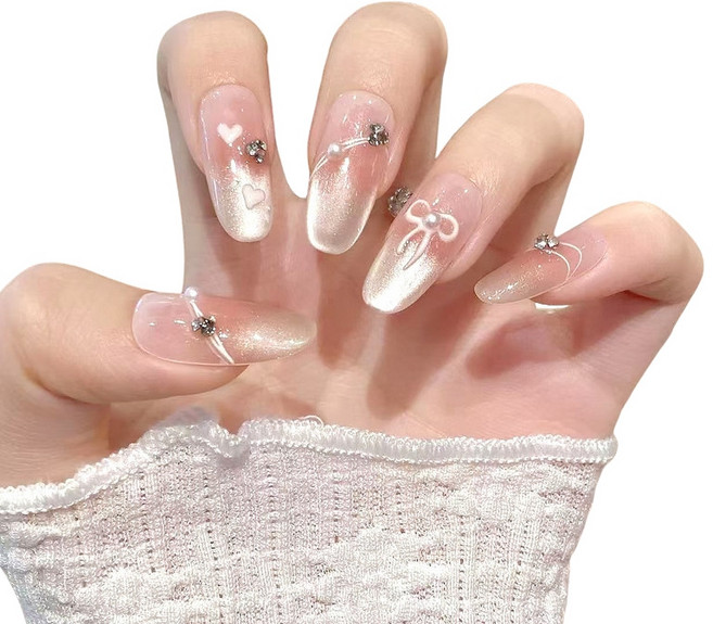 漸層長款假指甲 美甲貼片, 1個, S311甜蜜暴擊中橢圓,S(適合70%的人)